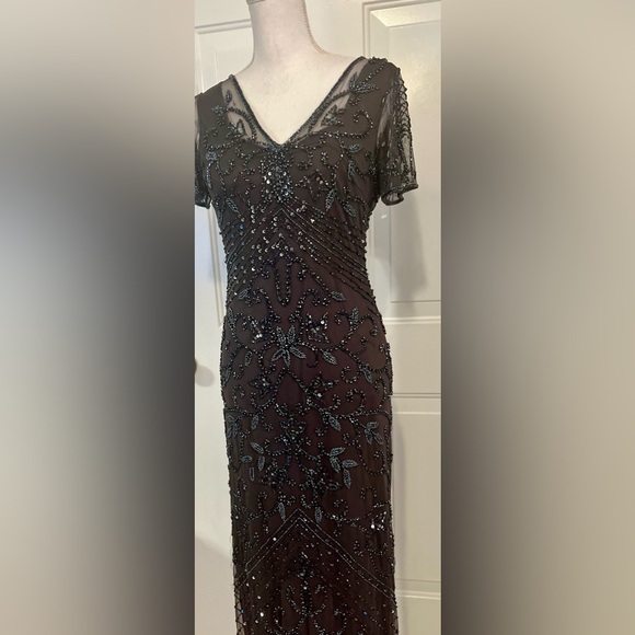 Pisarro Nights Cosmic Navy Beaded Gray Mesh Column  Formal Party Gown Size 4 - Picture 2 of 11